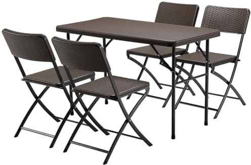BAKAJI Set Tavolo Pieghevole con 4 Sedie in Polyrattan, Arredo da Pranzo Struttura in Acciaio e Tavolino Rettangolare 120 x 60 per Esterno, Patio, Balcone, Giardino, Terrazzo (Coffee)