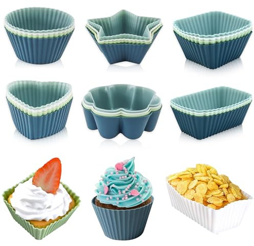 mizikuu 24 Stück Silikon Muffinförmchen, Wiederverwendbare Muffinformen Silikon 6 Typen Formen 4 Farben Cupcake Förmchen Antihaft Beschichtete Muffin Silikonform für Kuchen, Eincreme, Pudding