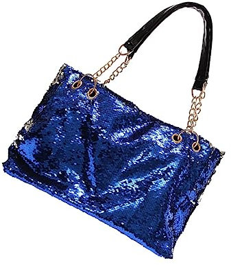 COLLBATH Große Wendbare Pailletten Umhängetasche Für Damen Glitzernde Zweifarbige Einkaufstasche Mit Reißverschluss Kette Und Pu Lederriemen Blau