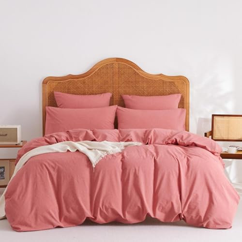 Freyamy Baumwolle Bettwäsche 155x220cm 2teilig Rosa Baumwolle Renforce Bettwäsche Set Unifarben Leinenoptik Deckenbezug Uni Elegant Bettbezug mit Reißverschluss und Kissenbezug 80x80cm