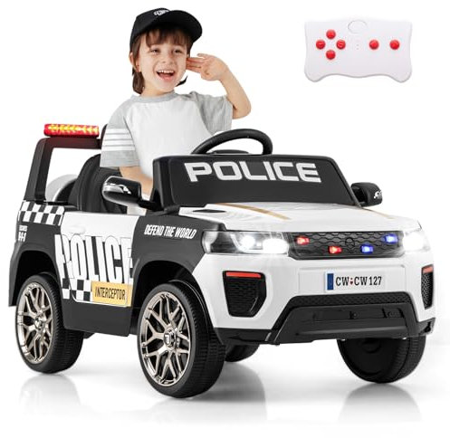GYMAX Kids Ride on Police Car, 12V Battery Powered Car with Remote Control, Wireless Connection, USB, Music, Radio, Horn and Siren Flashing Lights, Children Electric Vehicle for 3-8 Years Old (White)