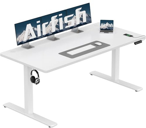 Airfish Höhenverstellbarer Schreibtisch 160x70cm mit USB-Buchse, Schreibtisch Höhenverstellbar Elektrisch mit Memory Funktion, 73-118cm,Weiß