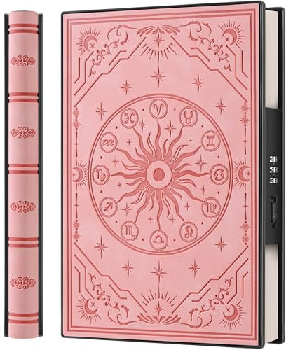 A5 Tagebuch mit Zahlenschloss und 180° Liegeflach, aus weichem PU-Leder mit geprägtem Sternzeichen-Design – Ideal für Erwachsene, Frauen, Männer und Teenager, für mehr Privatsphäre – Rosa