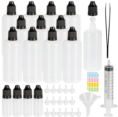 RUACDIQ Flaschen, Tropfflasche 12x100ml+2x10ml Dropper Bottle Quetschflaschen mit Kindersicherung Deckel Inkl. Trichter Etiketten Transfer Pipette Spritzen und Pinzetten für Liquids