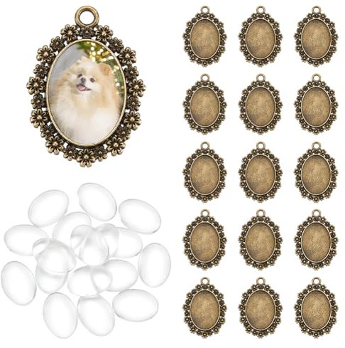 UNICRAFTALE about 20 Sets Antique Bronze Oval Pendant Trays Cabochon Setting Trays Pendant Blank Dome Bezel Charm with Glass Cabochons for DIY Photo Crafts Necklace Jewelry Making 25x18mm