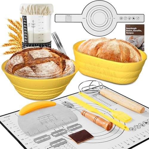 BICRET Sauerteig Ferment Set-15-teiliges Brot backen Zubehör mit Gärkorb Weizenmuster, Gärglas,Thermometer,Gärkorb Brot Silikon-Set,Teigmesser Geschenk für Anfänger (gelb)