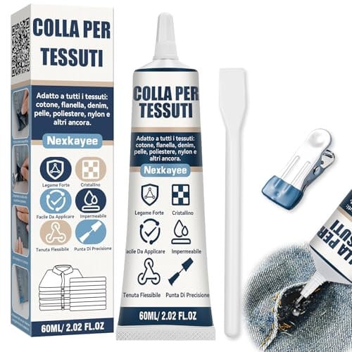 Colla per Tessuti - Adesivo Trasparente e Impermeabile, Resistente ai Lavaggi, Ideale per Cotone, Flanella, Denim, Poliestere, Pelle e Riparazioni Tessili, 60ml