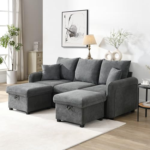 Multifunktionale Ecksofa U-Form-Dreisitzer Polster-Sofa mit Staufunktion – Inklusive Schubladen + Hocker mit Staufach, Chenille-Bezug, modular zerlegbares Sofa-Set mit Schlaffunktion (Dunkelgrau)