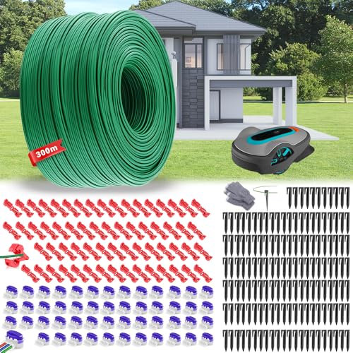 Cable Peripherique Robot Tondeuse 300m,Fil Robot Tondeuse,Universelles Cable Tondeuse+120 Piquets+50Connecteurs de Câble+50Bornes de Connexion,Tondeuse Gazon Fil Périphérique,Accessoires pour tondeuse