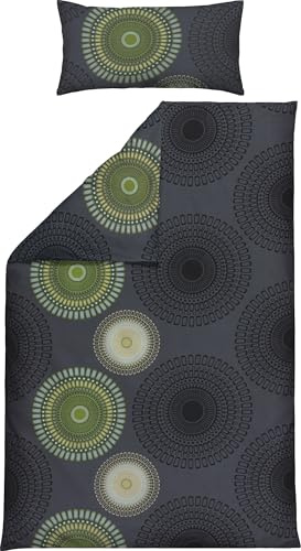 REDBEST Bettwäsche Single-Jersey Mandalas anthrazit-grün Größe 40x80 cm / 155x220 cm - temperaturausgleichend, bügelfrei, mit Reißverschluss