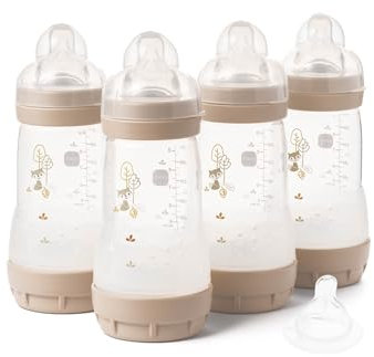MAM Easy Start Anti-Colic Baby Bottles | 4 Pack (4X 260ml) | Self-Sterilising Baby Milk Bottle | Medium Flow MAM Teats Size 2 + 1x Fast Flow Teat Size 3 | Unisex (Various Designs)
