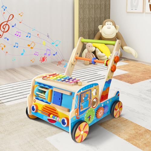 Lauflernwagen Holz, lauflernwagen ab 1 jahr, Multifunktionale Baby Walker mit Spielbrett und Bauklötzen, Baby Holzspielzeug, Montessori Lernspielzeug zur Förderung der Motorik und Bewegung