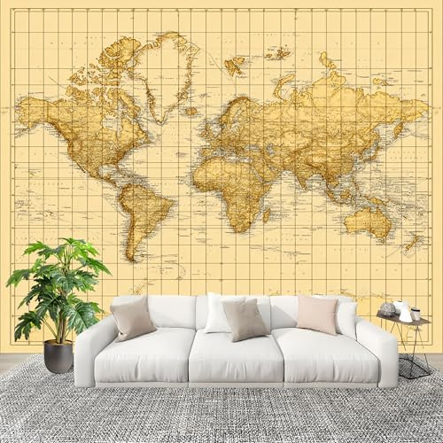 Wandtapete Fototapete 200x140 cm, Retro Weltkarte Vliestapete Bildtapete, Gelb Staubdicht Panorama Poster für Kinderzimmer Schlafzimmer Wohnzimmer Wandposter