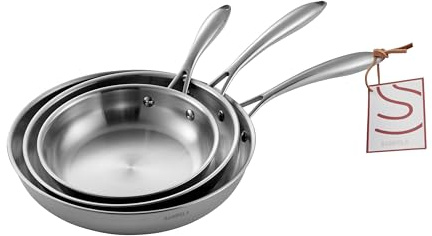 SANFELA Juego de sartenes de acero inoxidable de 3 piezas, sartén de acero inoxidable de 5 capas, apta para lavavajillas y horno, sartén de inducción, distribución uniforme del calor