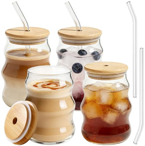 Matcha Latte Glas, 4 Stück Trinkgläser 500ml Kaffeegläser mit Deckel und Strohhalm, Bubble Glasbecher, Wave Gläser, Macchiato Gläser, Trinkglas Eiskaffee Glas, für Büro, Zuhause, Restaurant und Café