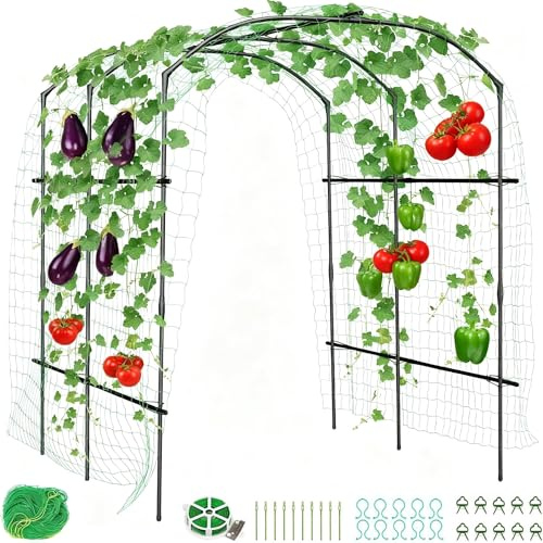 Garvee Hoher Rankbogen für Garten – Metall Rankgitter mit Netz und Clips, rostfreier Rahmen für Kletterpflanzen, Gemüse, Gurken, Tomaten & Blumen – U-förmige Pergola für Hochbeete, 180×190×220cm
