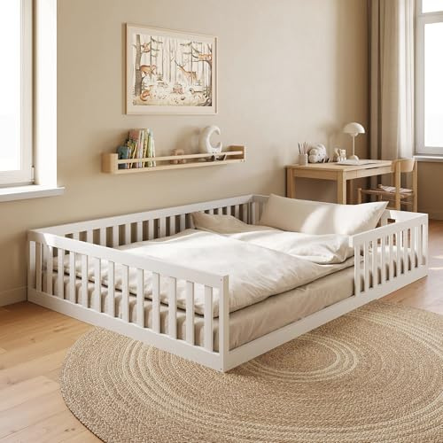 Kids Collective Kinderbett Bodenbett 140x200 cm mit Rausfallschutz & Lattenrost Montessori Bett Bed Gitterbett Kinder Jugendbett Einzelbett | Weiß | weitere Größen 90x200 120x200 cm