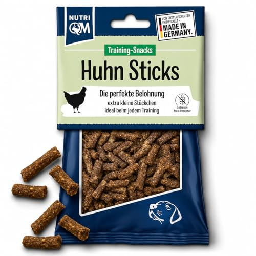 NutriQM® Training Sticks Huhn 100g | Monoprotein Hundeleckerli getreidefrei | Trainingsleckerli mit 95% Hühnerfleisch | Kalorienarme Hundesnacks ohne Zusatzstoffe | Made in Germany