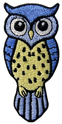 Aufnäher, bestickt, Design: Nette blaue und gelbe Eule, zum Aufbügeln oder Aufnähen