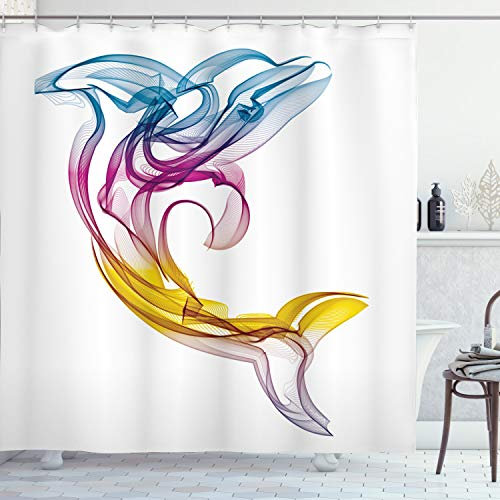 ABAKUHAUS Abstrakt Duschvorhang, Aquatic Dolphin, Stoffliches Gewebe Badezimmerdekorationsset mit Haken, 175 x 200 cm, Mehrfarbig Weiss