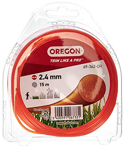 Oregon Trimmerfaden für Rasentrimmer, Ersatz Mähfaden für Motorsensen & Freischneider, Universal Freischneider Zubehör, Runder Allzweck 2.4mm Trimmerfaden, 2,4mm x 15m Spule, Orange (69-362-OR)