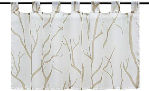 HeichkelL Voile Transparent Scheibengardine Modern Schlaufen Kurzstore Bedruckt 》Baumzweige《 Küchegardine Weiß#2 HxB 60x140 cm