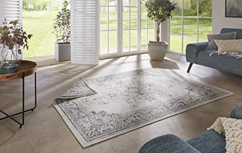 NORTHRUGS In- und Outdoor Teppich Borbon 80x150cm - Wendeteppich Wetterfest Orientalisches Vintage Design Läufer für Balkon Terrasse Garten Wintergarten Wohnzimmerteppich Wasserfest in Grau Creme
