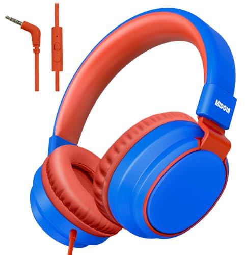 MIDOLA Kinderkopfhörer, kabelgebunden, Lautstärkebegrenzung 85/96 dB, Over-Ear/On-Ear, faltbares Headset mit Inline-Kabel, AUX-3,5-mm-Kabelmikrofon für Kinder, Jungen und Mädchen, Blau