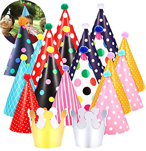 Osuter 44PCS Gorros de Fiesta Cono Gorros de Fiesta Cumpleaños Sombrero de Fiesta con Poms para Los Cabritos y Los Adultos Fiesta Bienvenida al Bebé Favores