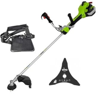 Vitogarden - Desbrozadora térmica 47 Cm3 2,7 CV Motor 2 T Euro5 + bobina de coche con cable + hoja de 3 dientes + arnés