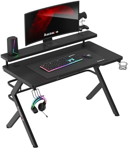 huzaro Hero 5.0 Black | Gaming Tisch Schreibtisch Computertisch Bürotisch | 120x60 cm | Monitorständer | Kopfhörerhaken Getränkehalter | Zwei Kabeldurchführung | Carbon Tischplatte | Gamer | Schwarz