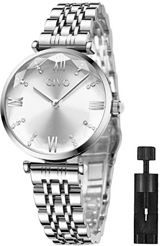 CIVO Damen Uhren Silber Edelstahl Wasserdicht Mode Kleid Elegant Beiläufig Designer Quarzuhr für Damen
