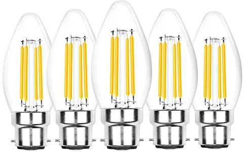 Bonlux B22 LED Candle Bulbs 4W Dimmable Bayonet Cap Candle Filament Bulbs, 40W B22 Halogen Candle Bulb Equivalent Warm White 2700K for Antique Chandeliers Ceiling Light, 5-Pack
