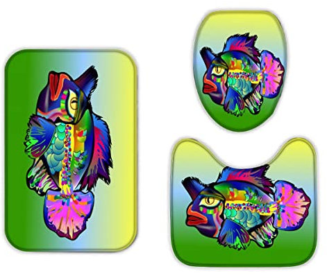 TAOLU Flauschige Mikrofaser Memory Foam 3D Fun Multicolor Fish Badematten Set 50x80 cm 3teilig rutschfest Waschbar Badvorleger mit WC Vorleger Deckelbezug und U-Förmige Badteppich für Badezimmer