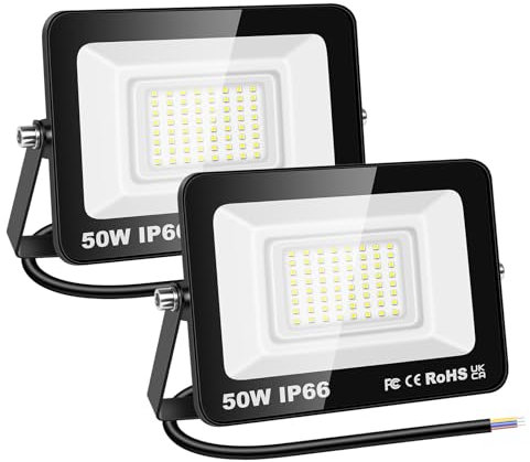 RIGIDON 2x 50W Luci da Esterno, 5000 Lumens Faretto Led, Fari di Sicurezza, Proiettore Led Esterno, Faretti LED Lampada Luce Bianca Freddo 6000K, IP66 Per Giardino Cortile Garage Piazza Officina