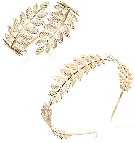 JeryWe 2Stück Gold Griechische Göttin Schmuck Set für Damen Gold Römischer Lorbeerblatt Krone Stirnbänder Oberarm Manschette Armreif Haarschmuck Braut Hochzeit Kopfschmuck Party Halloween