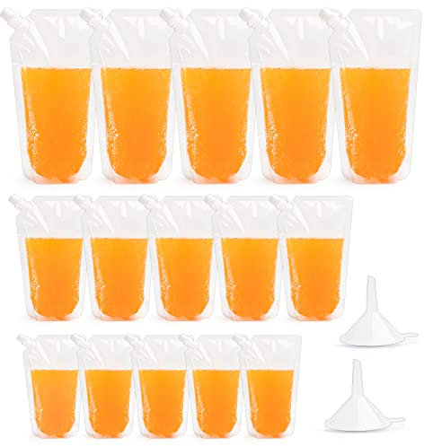 15 Pcs Drink Pouches for Festivals, Clear Juice Pouch Bags, Reusable Plastic Liquor Pouches with 2 Pcs Funnel for Party Picnic Travel Beverage (200ml, 350ml, 500ml)