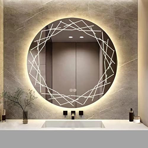 YOSHOOT Specchio da Bagno Rotondo da 600 mm con Motivi Specchio da Parete con Luce a LED, Specchio cosmetico Illuminato più Elegante, Luce LED dimmerabile a 3 Colori, IP44 (Nido)