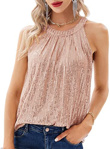 GRACE KARIN Women's Glitter Sequins Tops Shirt Halter Neck Top Slim Fit Sleeveless Camisole Light Pink L