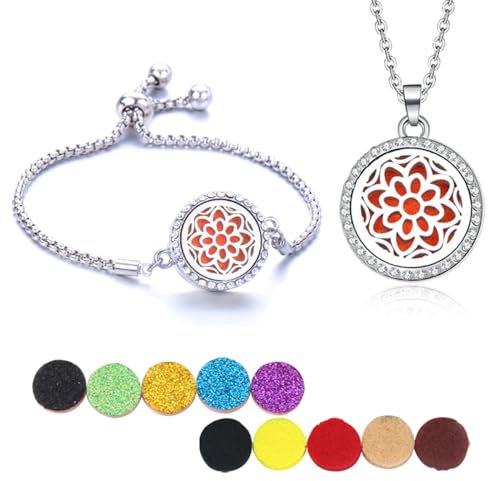RIXERKOC Aromatherapie Diffusor ätherisches Öl Armband Halskette Set ätherisches Öl Schmuck für Frauen mit 10 Pearlized Refill Pads(Sonnenblume)