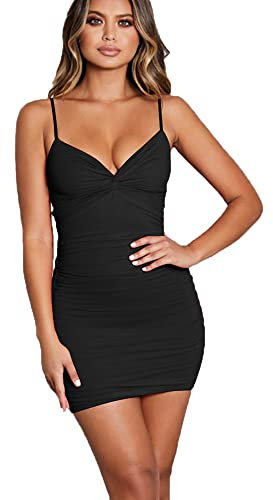 BKEPDY Robe de Soirée Sexy Profonde Col en V Mini Sans Manches Bodycon Spaghetti Bretelles Avant Wrap Courte Moulante Slim pour Femme - Clubbing Nuit Cocktail Bal de Promo