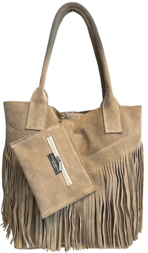 Modarno Damen-Einkaufstasche aus echtem Wildleder mit Fransen plus Schmucketui in der gleichen Farbe - Handtasche - Schultertasche
