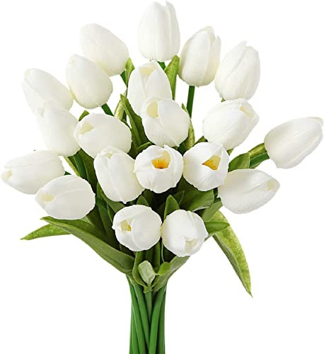 XNSHUN 10pcs Künstliche Blumen Tulpe, Kunstblumen Latex Tulpen, PU Real Touch Latex Blumensträuße, Dekoration Für Hochzeitsdekoration Im Innen- Und Außenbereich, Küche, Büro, Café, Wohnkultur (Weiß)