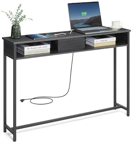 VASAGLE Mesa de Consola Delgada con Multienchufe, Mesa de sofá con 2 Compartimentos, Carga Oculta, Ahorro de Espacio, 25 x 120 x 81 cm, Entrada, Salón, Gris Ahumado y Negro Tinta LNT111B01