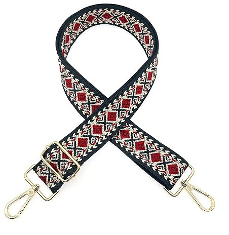 JZK Bohemian style black-red adjustable wide fabric bag strap with clips for handbag, shoulder bag strap, crossbody bag strap replacement