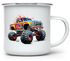 MAXIKIWI - Durable Enamel Coffee or Tea Camping Mug for Indoor Outdoor Use - Monster Truck - 350ml