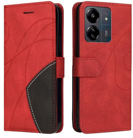 XINNI Housse pour Telephone Xiaomi Poco C65/Redmi 13C Etui, PU/TPU Rétro Retourner Cuir Coque Magnétique Anti Chute Portefeuille Protection Case Cover, Rouge