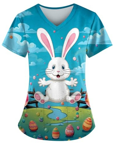 Nurse Kasack Damen Karikatur Motiv Bluse Kurzärm Berufsbekleidung Pflege Damen Kasacks Damen Pflege Mit Reißverschluss Osterhase Druck Schlupfkasack Damen Langärmelige Kasack Arzt(2-Sky Blue,4XL)