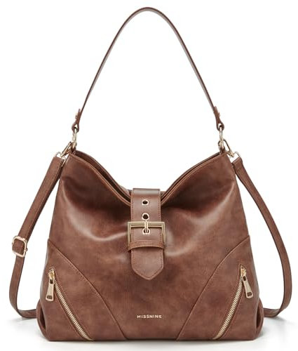 Missnine Sac Epaule Femme Vintage à Boucle Sac Bandoulière en Cuir PU Souple, Marron