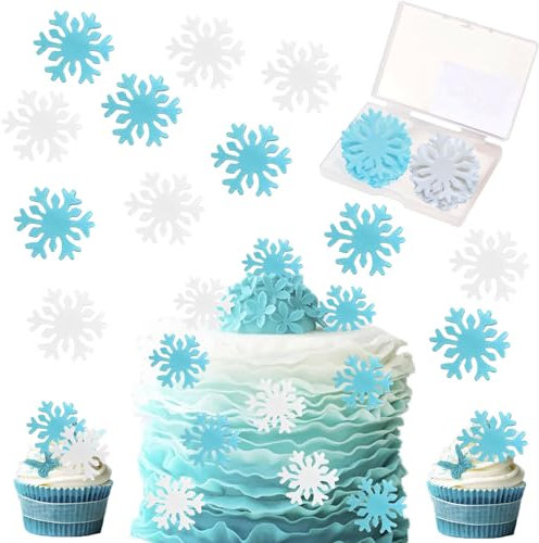 50pcs Snowflakes Cupcake Topper White Blue, Snowflakes Cake Cupcake Decoration for Winter Frozen Theme Party Supplies